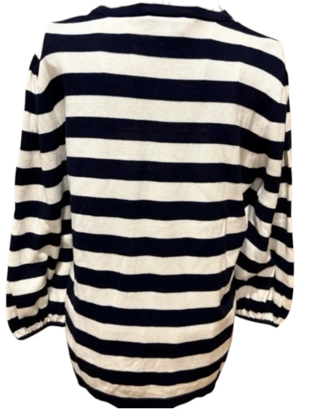 CeCe Navy Stripe Crewneck Sweater 3/4 Gathered Cuff Cotton Pullover L
